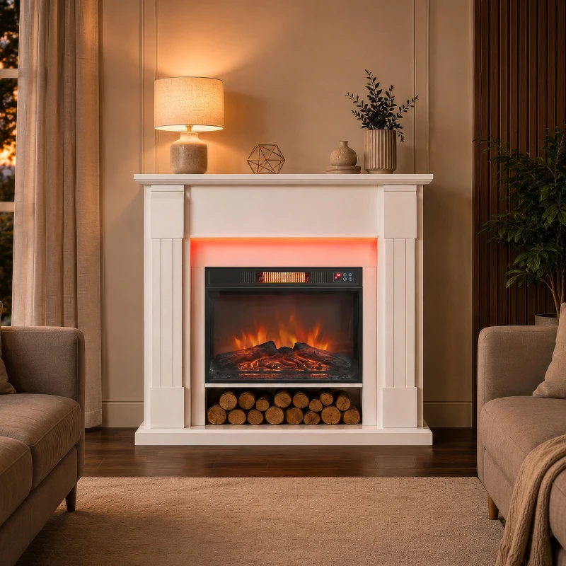 HOMCOM 41 Inch Electric Fireplace with Mantel, 1400W Fireplace Heater with Adjustable 3D Flame Effect for Living Room, White