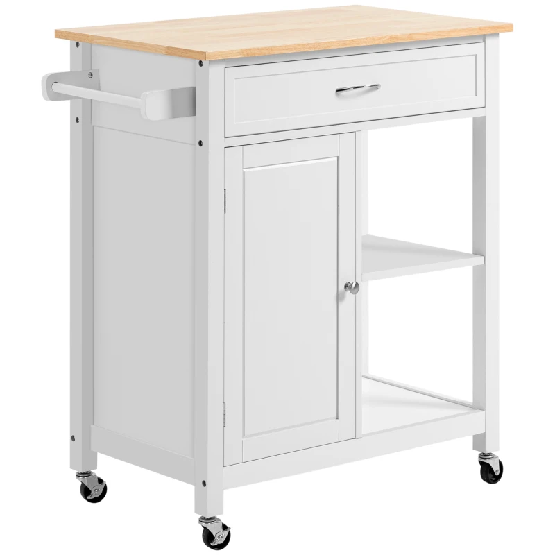 HOMCOM Kitchen Island Cart, Rolling Kitchen Island with Storage Shelf, Solid Wood Top, Drawer, for Dining Room, White
