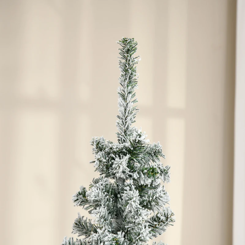HOMCOM 6ft Flocked Christmas Tree, Pencil Artificial Xmas Tree with Faux Snow, Dense Branches, Foldable Metal Base for Indoor Holiday Decor