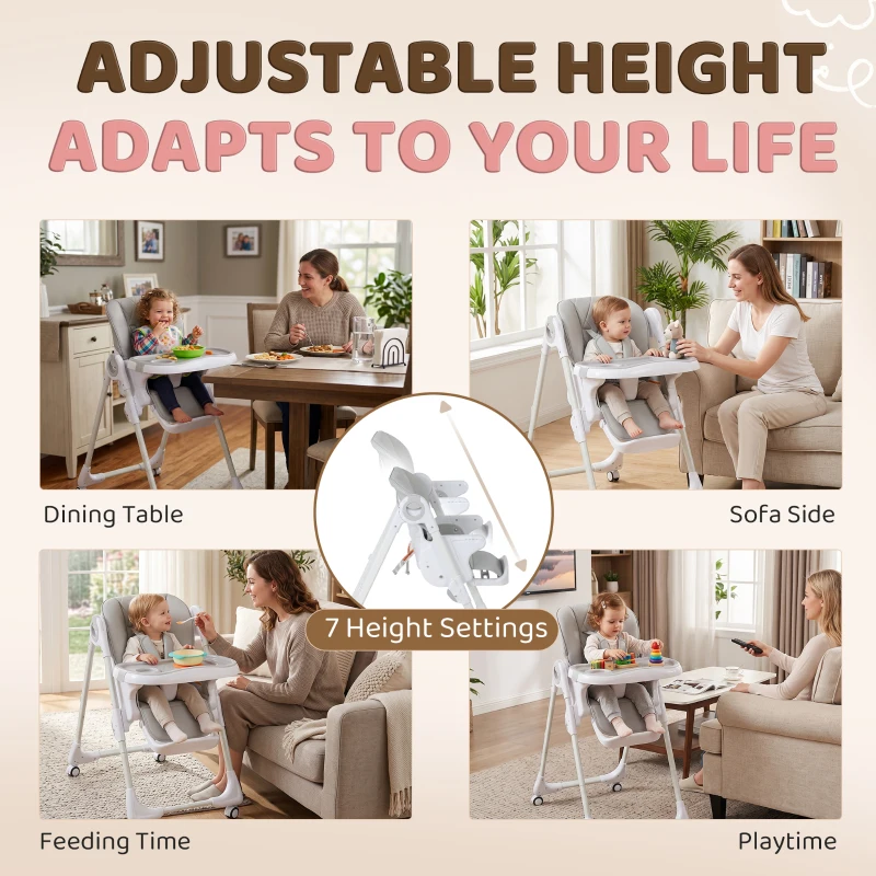 Qaba High Chair with Wheels, Double Tray, Foldable Baby Seat with Adjustable Seat Height, Backrest, Footrest and Tray, Grey