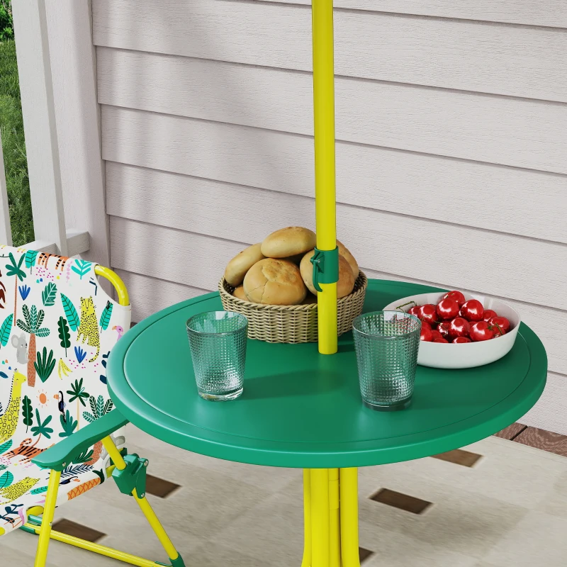 Qaba Kids Picnic Table, Kids Table and Chair Set with 2 Folding Chairs and Umbrella for Backyard, Garden, Patio, Green