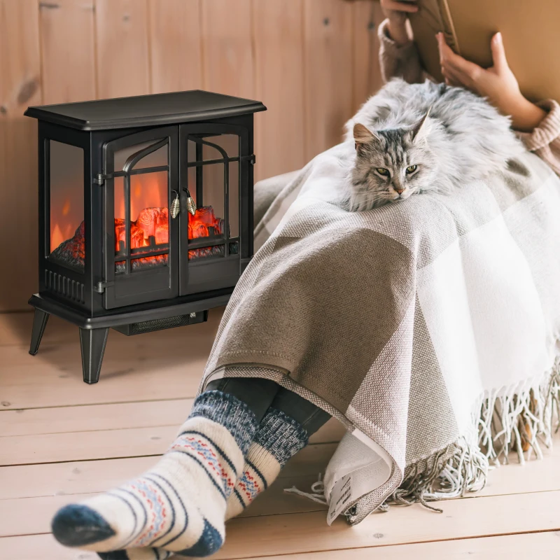 HOMCOM Electric Fireplace Heater, Freestanding Fireplace Stove with Realistic LED Log Flames and Overheating Safety Protection, 1400W, Black