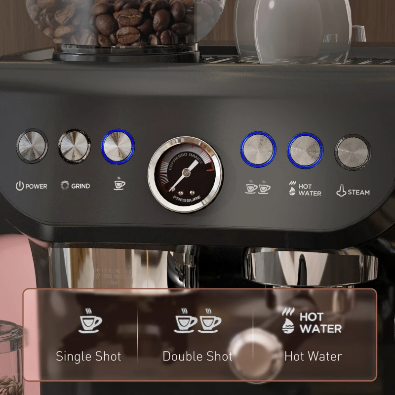 HOMCOM Espresso Machine, 15 Bar Barista Coffee Maker with Milk Frother, Fast Heating, Grinder for Espresso, Latte, Cappuccino