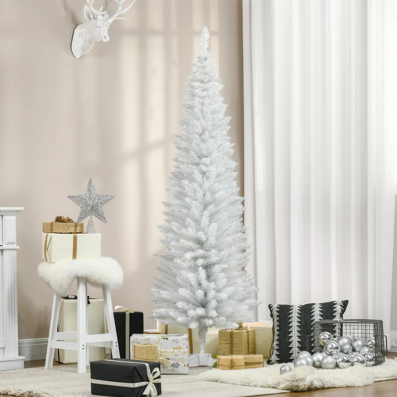 HOMCOM 6ft Unlit Pencil Artificial Christmas Tree with Realistic Branches and 390 Tips, Plastic Base, White