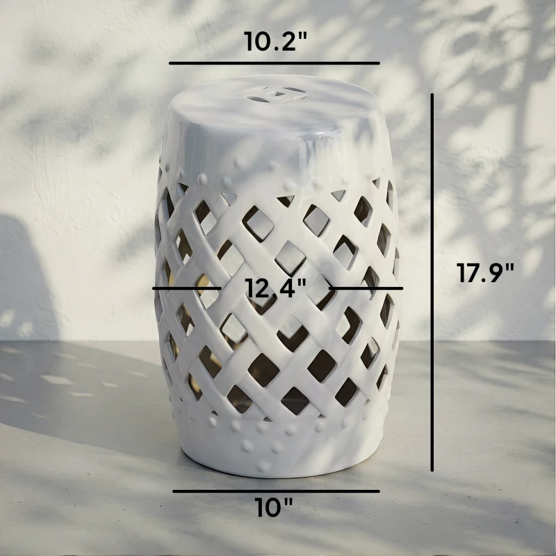Outsunny 12.5" x 18" Ceramic Garden Stool with Woven Lattice Design & Glazed Strong Materials Decorative Outdoor Stool, White
