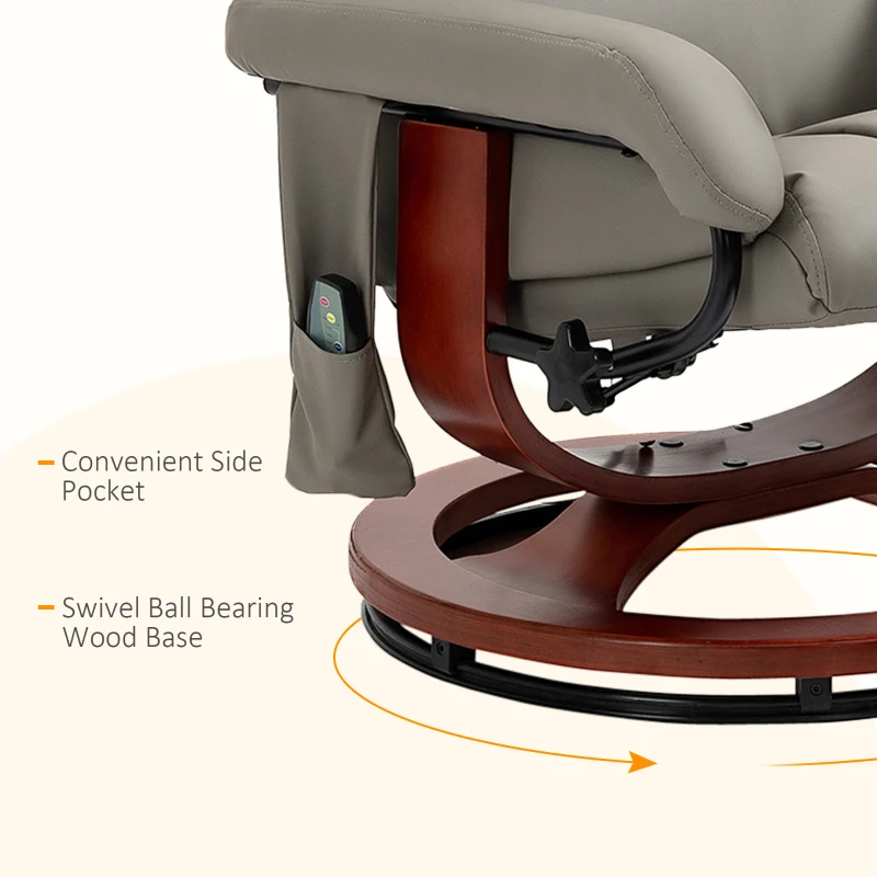 HOMCOM Massage Recliner Chair with Ottoman, Swivel Recliner and Footrest, Faux Leather Reclining Chair with Remote Control, 10 Vibration Point and Side Pocket, Gray