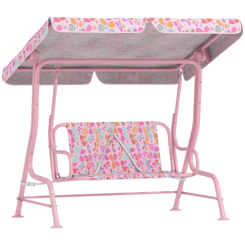 Qaba Kids Patio Swing, 2-Seater Outdoor Porch Swing with Safety Belt and Adjustable Canopy for Backyard Garden, Pink