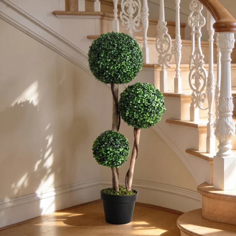 HOMCOM 35 Inch Potted Fake Plant, Artificial Boxwood Topiary Tree, Triple Ball Tree for Indoor and Outdoor, Dark Green