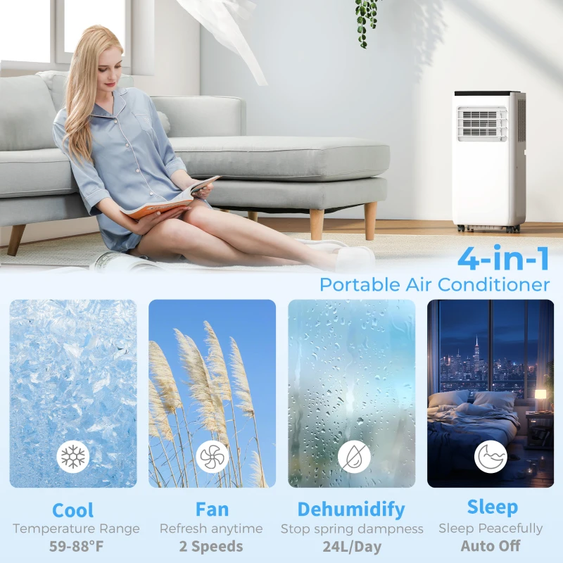 HOMCOM 8000 BTU Portable 4-in-1 Air Conditioner with Cool, Dehumidifier, Fan, Sleep, WiFi Voice Remote Control, White