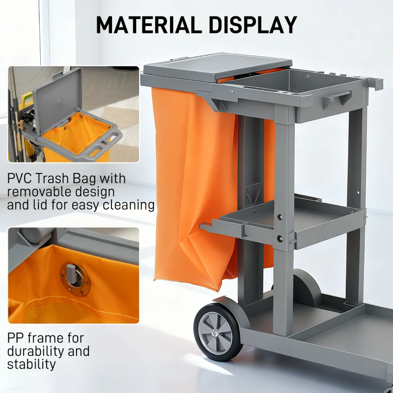 HOMCOM Commercial Janitorial Cart with 3 Tier Shelves, Cleaning Cart with Rubbish Bag and Mop Mount for Hotel Restaurant, Grey