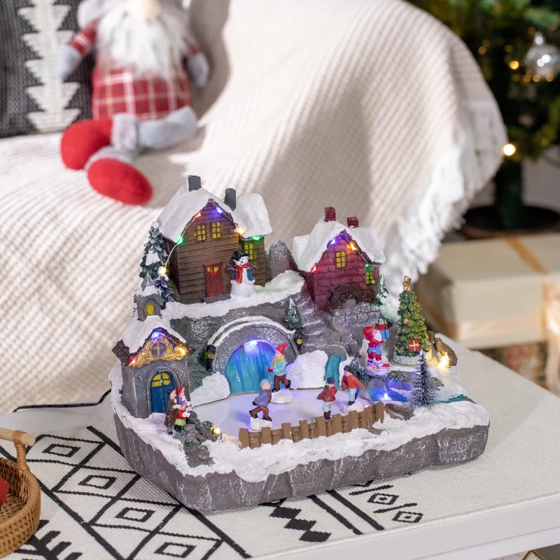 HOMCOM Christmas Village, Skating Pond Animated Winter Wonderland Set with Multicolored LED Light, Plug-In Christmas Decoration