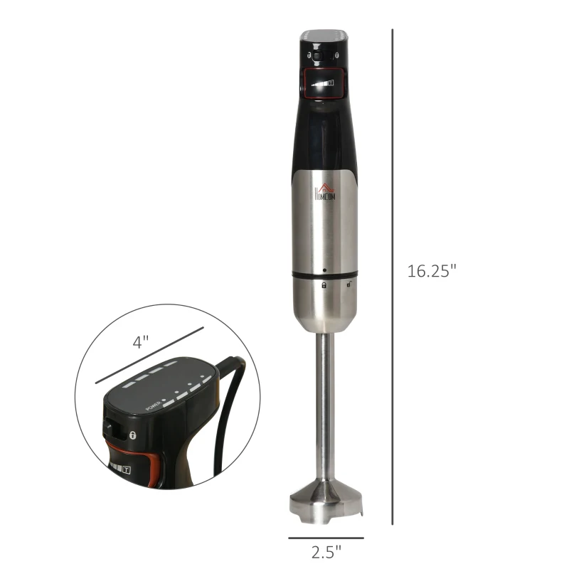 HOMCOM Immersion Hand Blender, 400W 4-In-1 Handheld Stick Blender with Adjustable Speed, 500ml Chopper, Egg Whisk, 800ml Measuring Cup, Stainless Steel Blades for Smoothie, Baby Food, Sauce, Soup