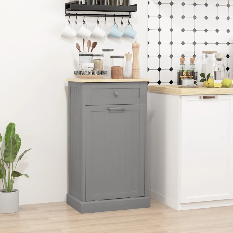 HOMCOM 10 Gallon Tilt Out Trash Cabinet, Wooden Hidden Trash Can with Storage Drawer for Kitchen, Laundry Hamper Cabinet for Bathroom, Gray