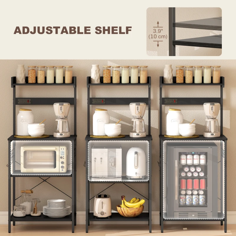 HOMCOM Kitchen Baker's Rack with Power Outlet, Coffee Bar Station with Adjustable Shelves and Hooks, Distressed Black
