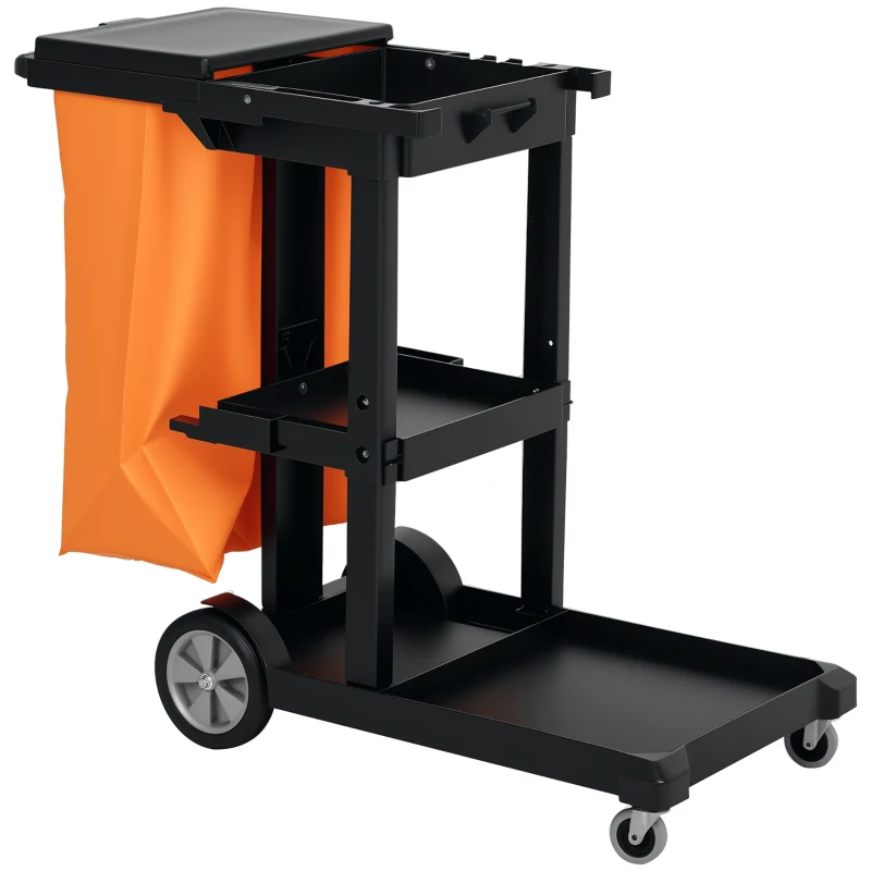 HOMCOM Commercial Janitorial Cart with 3 Tier Shelves, Cleaning Cart with Rubbish Bag and Mop Mount for Hotel Restaurant, Black