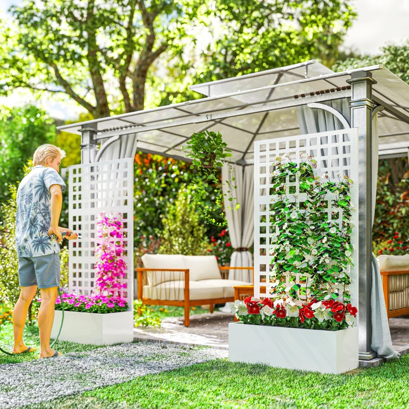 Outsunny Galvanized Raised Garden Bed Planter Box with Trellis for Climbing Plants, Vegetable, Vines, 35" x 16" x 70", White