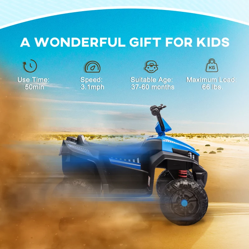 Qaba 12V Kids ATV with Spring Suspension, Forward & Reverse, LED Lights, Music, MP3, Blue
