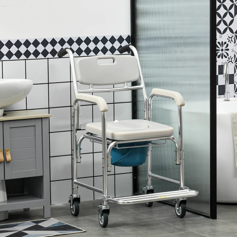 HOMCOM 3-in-1 Shower Commode Wheelchair, FSA/HSA Eligible Transport Beside Commode Chair, Waterproof Rolling Over Toilet Chair 330 lbs. Weight Capacity with Padded Seat, Gray