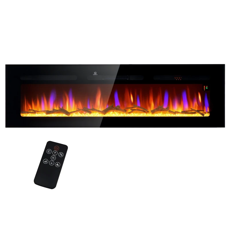 HOMCOM 60" Recessed or Wall Mounted Electric Fireplace Heater with Remote Control, Adjustable Flame Color and Brightness