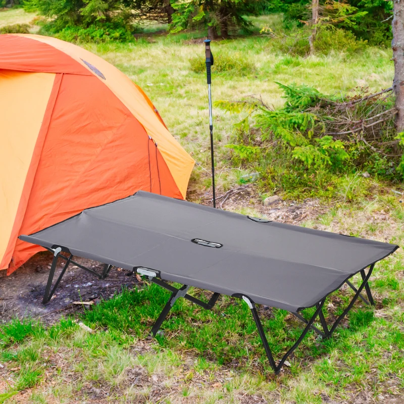 Outsunny 76" Two Person Folding Camping Cot Outdoor Portable Double Cot Wide Military Sleeping Bed w/ Carrying Bag Grey