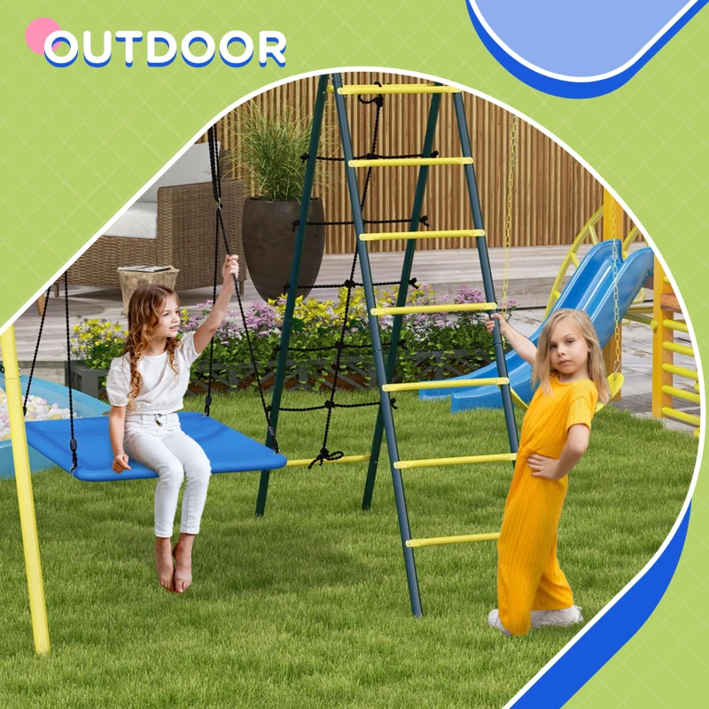 Outsunny Metal Swing Set for Backyard 5 in 1 Design Holds up to 440 lbs. for Ages 3-8, Yellow