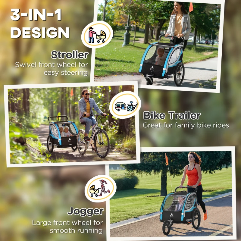 Aosom 3-in-1 Bike Trailer for Kids, Running Stroller with 2 Seats, Jogging Cart with 5-Point Harness, Storage Units, Blue