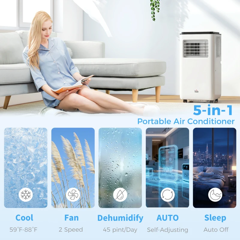 HOMCOM 8,000 BTU Moible Air Conditioner 345 Sq. Ft., Dehumidifier Fan Auto Sleep with 24H Timer On/Off, Window Kit, White