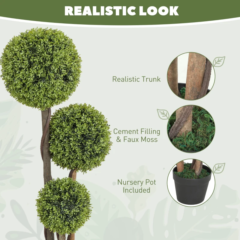 HOMCOM 45 Inch Potted Fake Plant Set of 2, Artificial Boxwood Topiary Tree, Triple Ball Tree for Indoor and Outdoor, Green