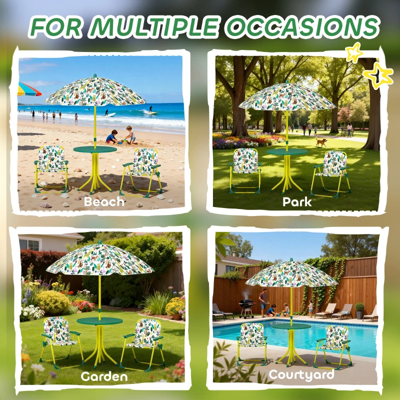 Qaba Kids Picnic Table, Kids Table and Chair Set with 2 Folding Chairs and Umbrella for Backyard, Garden, Patio, Green