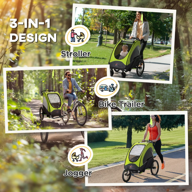 Aosom Bike Trailer for Kids 3 In1 Foldable Child Jogger Stroller Baby Stroller Transport Carrier with Shock Absorber System Rubber Tires Adjustable Handlebar Kid Bicycle Trailer Green and Gray
