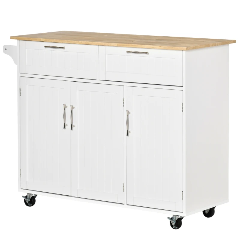 HOMCOM 48" Kitchen Island with Storage and Solid Wood Top, Rolling Kitchen Cart on Wheels with 2 Storage Drawers, 3 Doors and Towel Rack for Dining Room, White