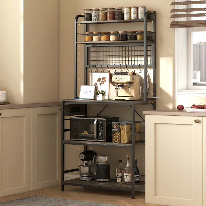 HOMCOM Kitchen Baker's Rack with Power Outlet and LED Light, 5-Tier Coffee Bar Station with 10 Hooks, Grey