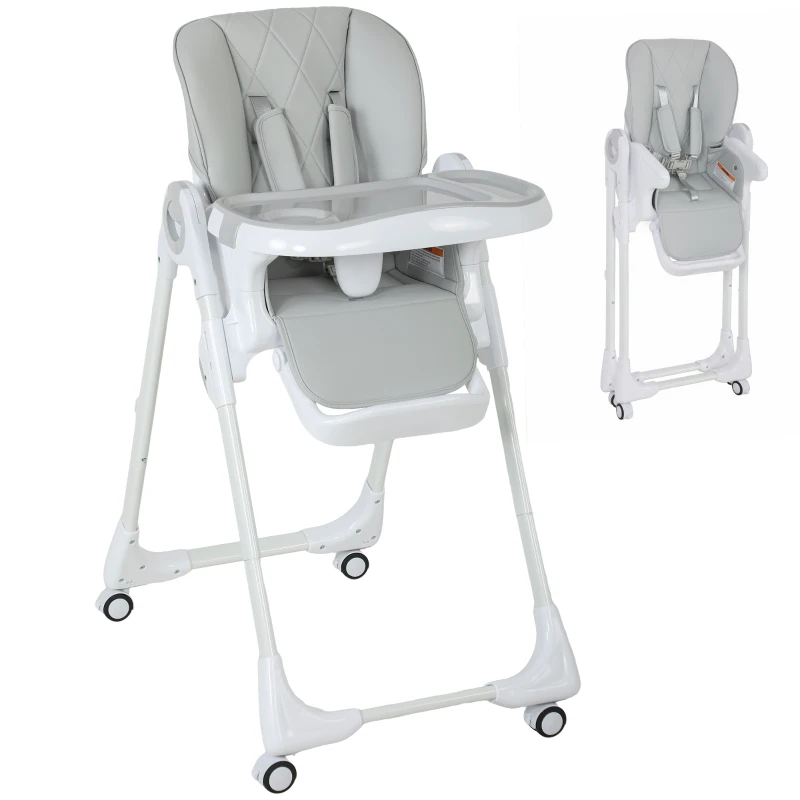 Qaba High Chair with Wheels, Double Tray, Foldable Baby Seat with Adjustable Seat Height, Backrest, Footrest and Tray, Grey