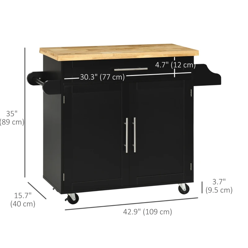 HOMCOM Kitchen Island with Storage, Rolling Cart Trolley with Rubberwood Top, Adjustable Shelf, Drawer, Spice Rack, Black