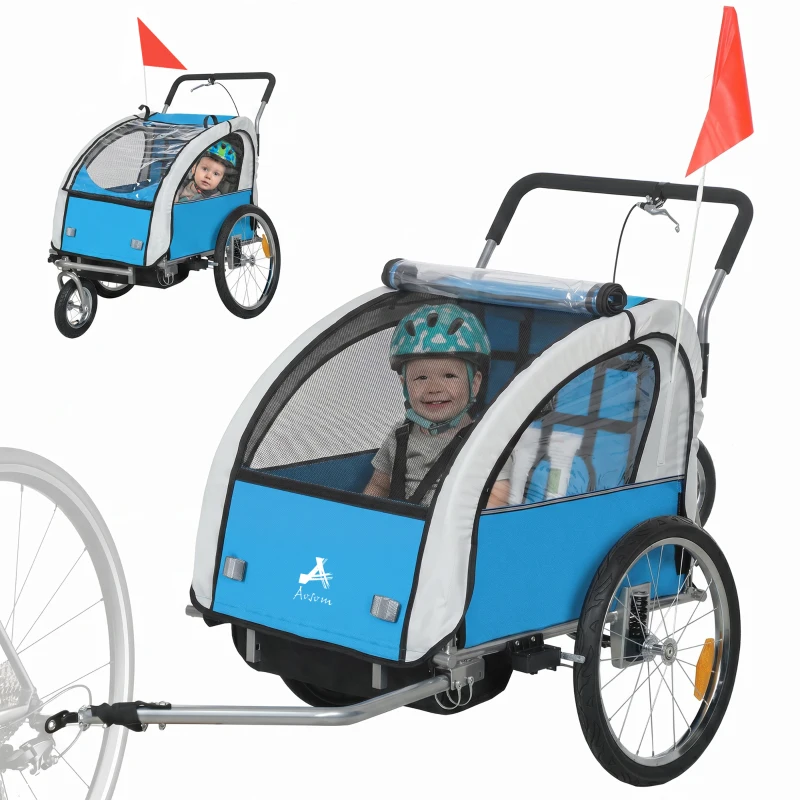 Aosom 2-in-1 Bike Trailer for Kids, Foldable 2-Seat Baby Stroller with 5-Point Harness, Rubber Wheels, Storage Bag, Blue