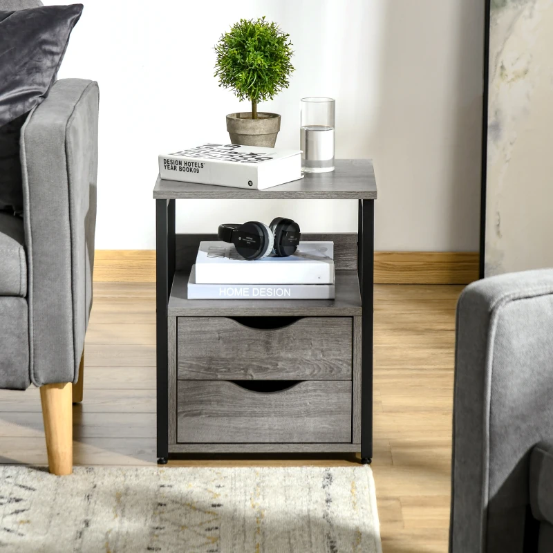HOMCOM Industrial End Table with 2 Drawers and Open Shelf, Side Table for Living Room, Gray