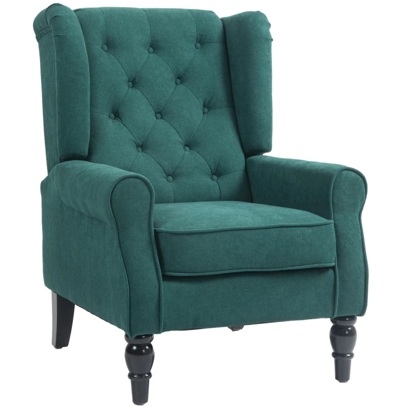 HOMCOM Fabric Accent Chair, Button Tufted Armchair, Armchair with Wood Legs, Thick Padding for Bedroom Dark Green