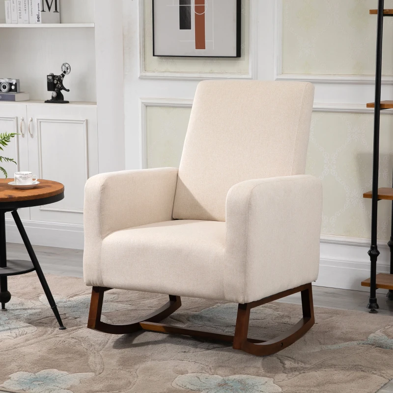 HOMCOM Accent Lounge Rocking Chair with Solid Curved Wood Base and Linen Padded Seat, Cream White