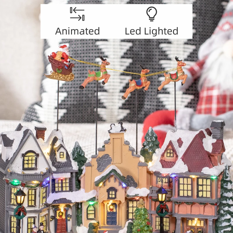 HOMCOM Christmas Village, Santa & Deer Skating Pond Animated Winter Wonderland Set with Multicolored LED Light, Battery Operated Christmas Decoration