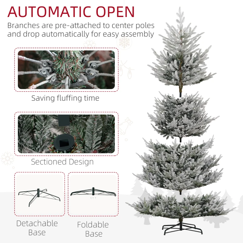 HOMCOM 9 FT Artificial Christmas Tree, Flocked Hinged Xmas Tree with 1939 Tips, Steel Base, Auto Open, Green