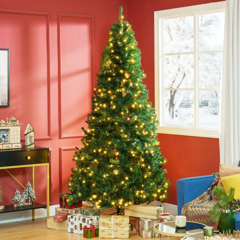 HOMCOM 7.5 FT Tall PreLit Artificial Christmas Tree with Realistic Branches, 500 Warm White LED Lights and 1346 Tips, Green