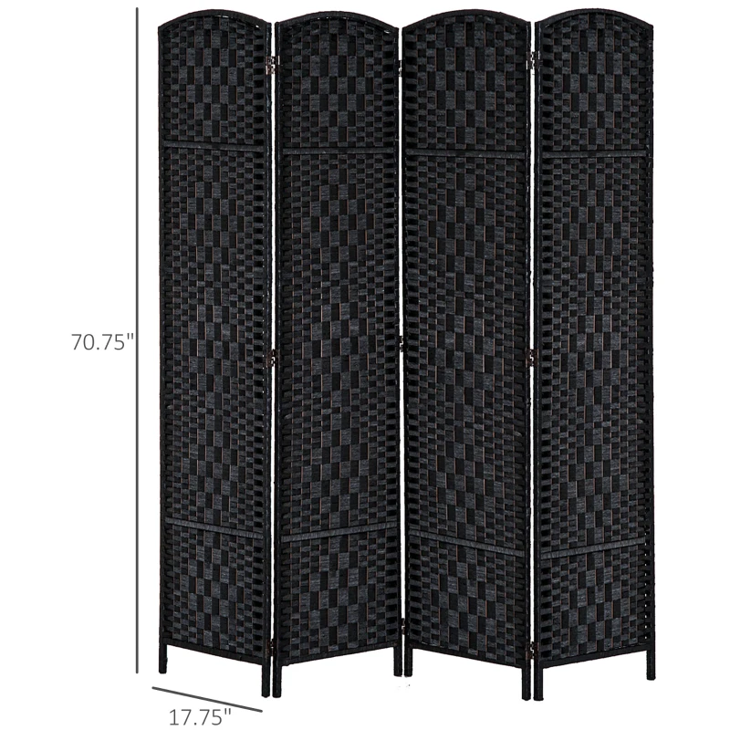 HOMCOM Room Divider 4 Panel, 6FT Tall Folding Privacy Screen, Freestanding Hand-Woven Partition for Room Separation with 360° Hinges, Paper Rope Diamond Weave, Black