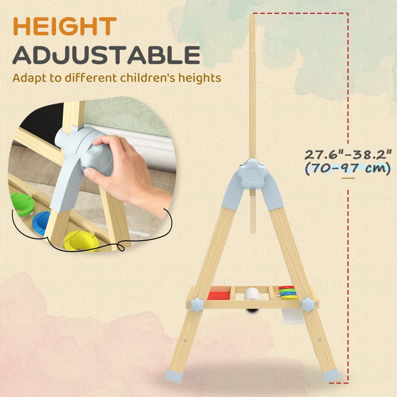 Qaba Wooden Art Easel, Double Sided Kids Easel with Height Adjustable Chalkboard and Magnetic Whiteboard, Natural