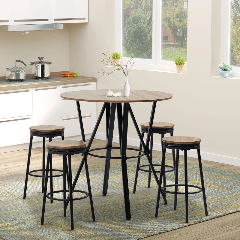 HOMCOM Industrial Bar Table and Chairs Set of 5, Round Dining Table & 4 Stools with Swivel Seat for Pub, Kitchen, Light Brown