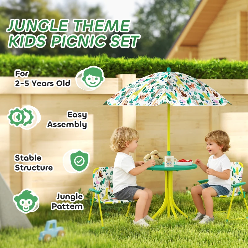 Qaba Kids Picnic Table, Kids Table and Chair Set with 2 Folding Chairs and Umbrella for Backyard, Garden, Patio, Green