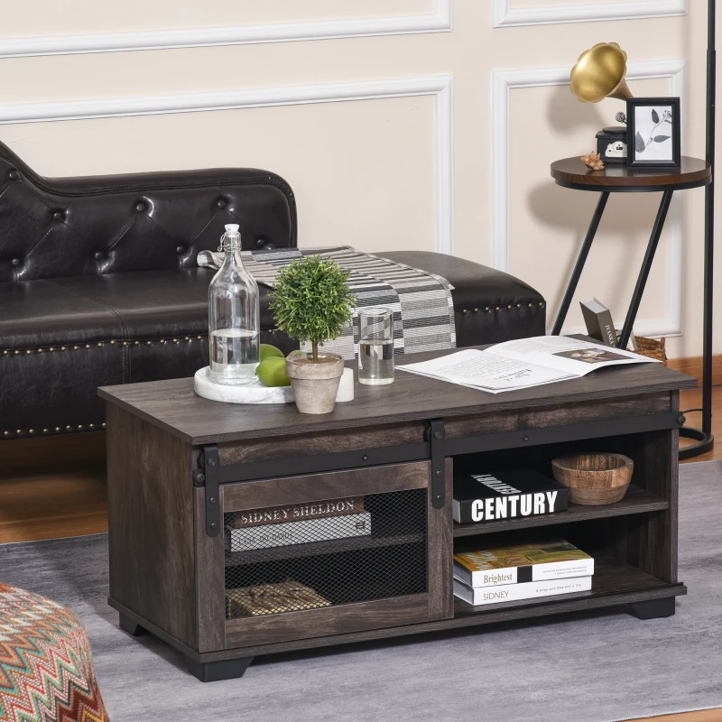 HOMCOM Farmhouse Coffee Table with Storage, Sliding Mesh Barn Door, Industrial Cocktail Table with Adjustable Shelves for Living Room, Dark Brown