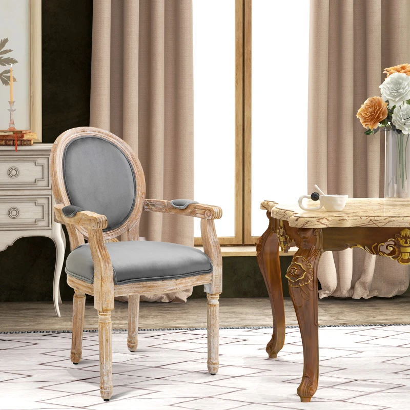 HOMCOM Vintage Dining Chair with Round Back, Thick Sponge Padded Seat and Section Armrest with Wood Frame, Gray
