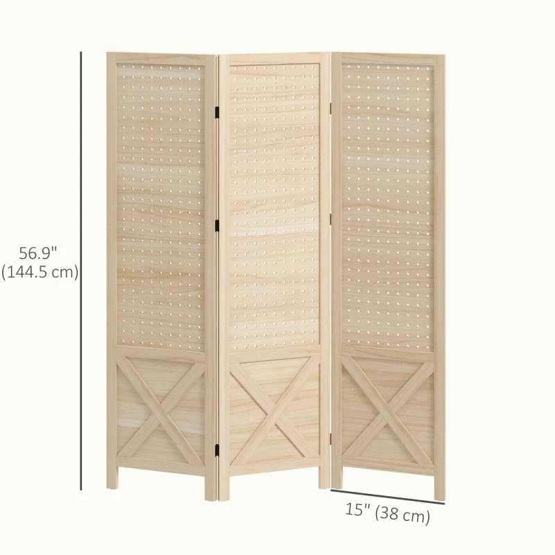 HOMCOM 4.7' 3 Panel Wooden Room Divider with Pegboard Display, Folding Privacy Screen for Home Office, Natural