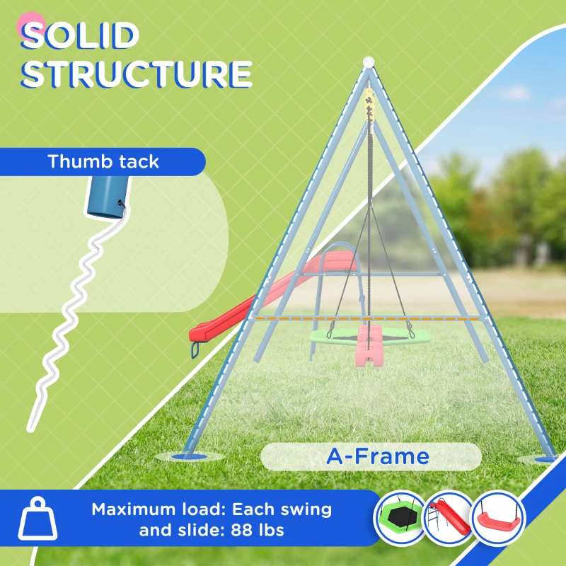 Outsunny Metal Swing Set for Backyard, 4 in 1 Design with 1 Nest Swing, 2 Seats, 1 Slide, Holds Up to 352 lbs. for Ages 3-8