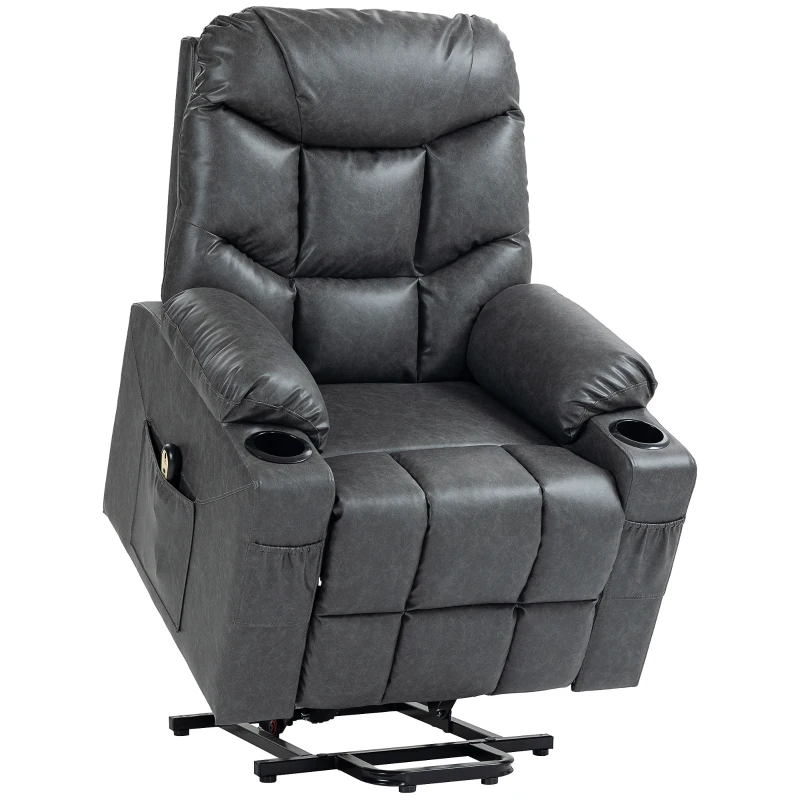 HOMCOM Lift Chair for Elderly, PU Leather Electric Recliner Chair with Quick Assembly, Remote, Cup Holders, Side Pockets, Grey